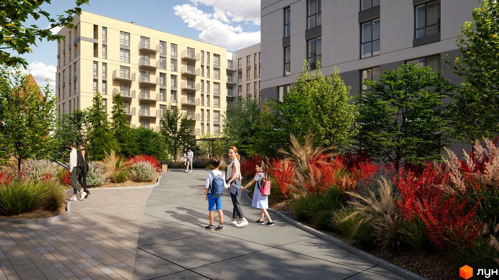 Житловий комплекс Садова Алея з елегантним фасадом та доглянутою прибудинковою територією з квітами та деревами.