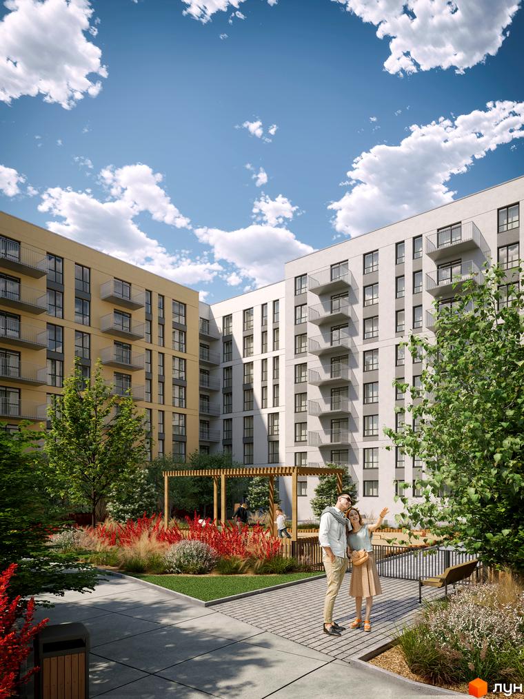 Житловий комплекс Садова Алея: фасади будівель з балконами та прибудинкова територія з зонами відпочинку та зеленню.