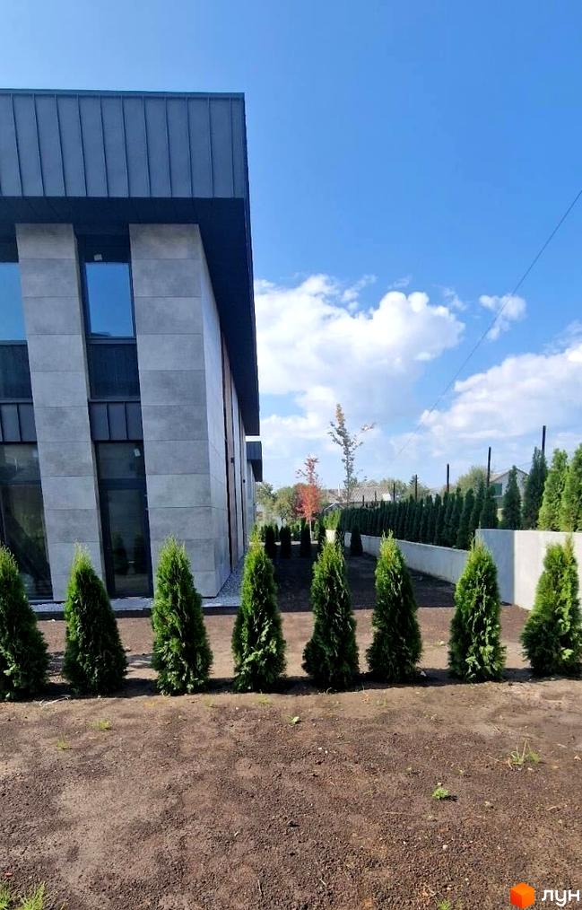 Зовнішній вигляд будинку Zubra House з сірим фасадом та вікнами, що відбивають небо. Поряд висаджені туї та зелені насадження.