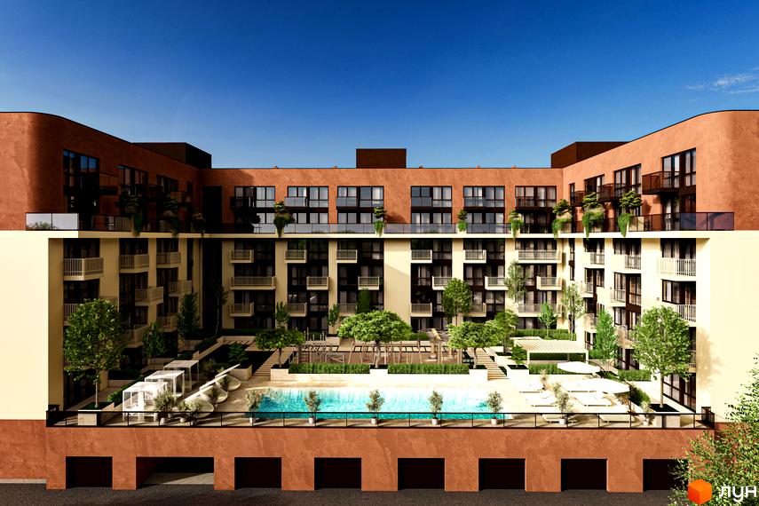 Новобудова ЖК ЛАЙТ ПАРК з терасою та басейном. Зовнішній вигляд будинку з балконами та вікнами, прибудинкова територія з басейном та зонами відпочинку.