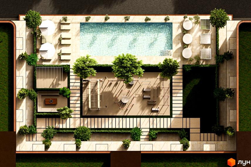 Житловий комплекс ЛАЙТ ПАРК з басейном, зоною відпочинку та спортивним майданчиком. Сучасний дизайн прибудинкової території з озелененням.