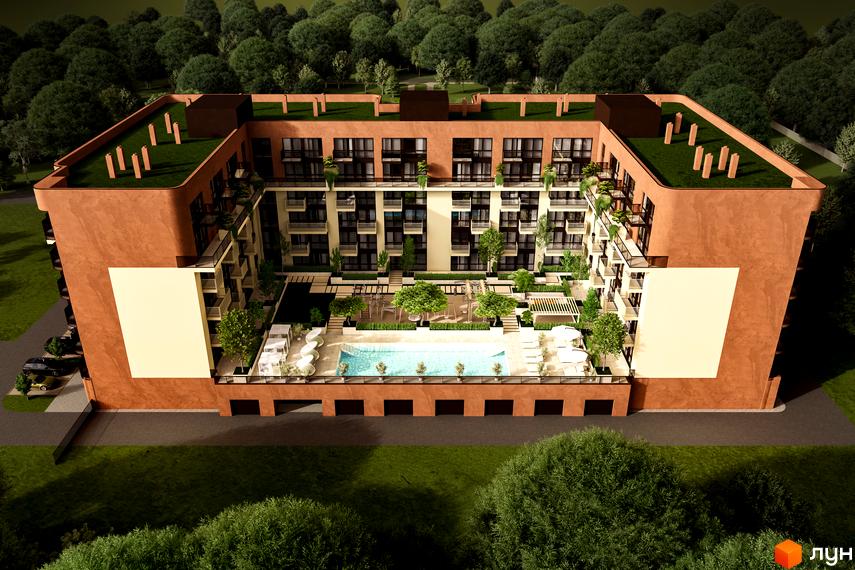 Новобудова ЖК ЛАЙТ ПАРК з цегляним фасадом та зеленим дахом, внутрішнім двориком з басейном та зонами відпочинку.