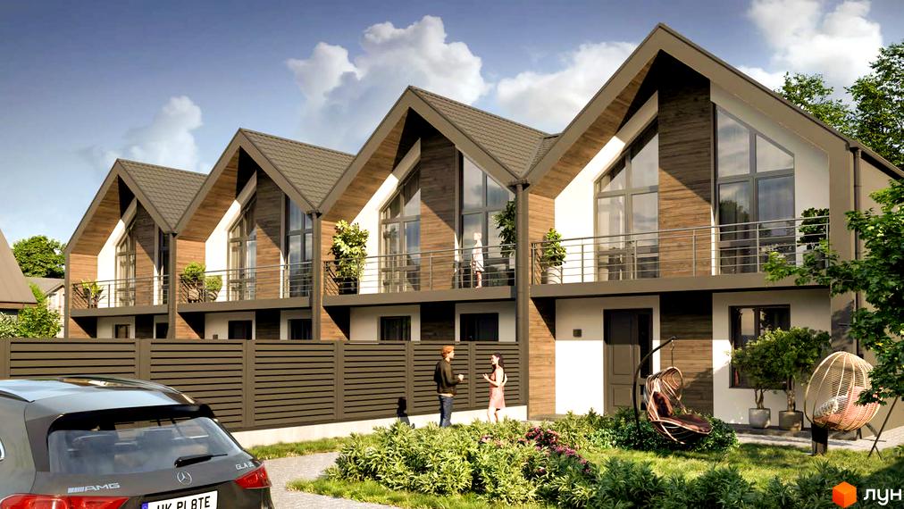 Таунхауси Скандинавія: ряд будинків з темними дахами та великими вікнами, оточених зеленою прибудинковою територією.