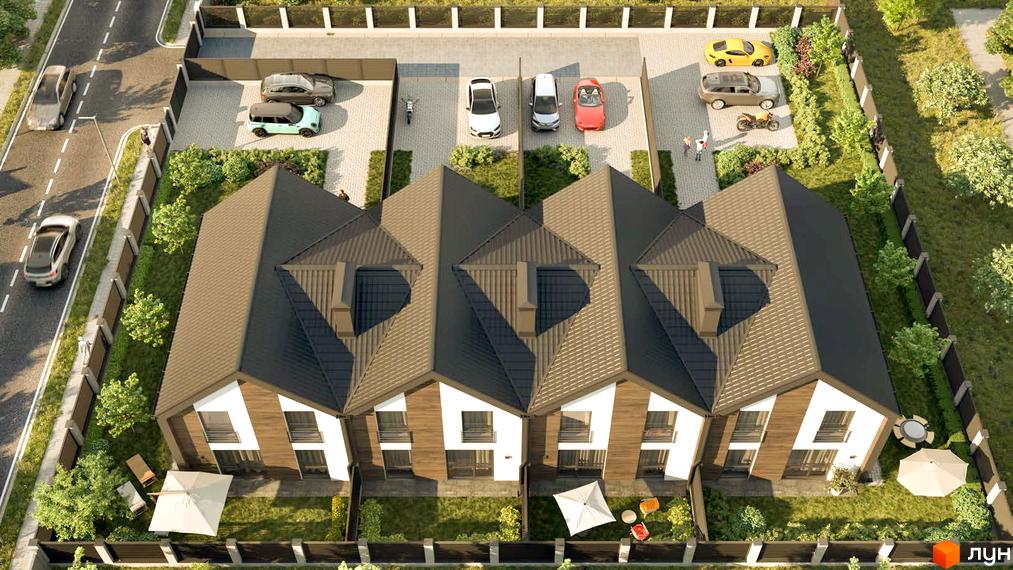 Таунхауси „Скандинавія“: вид зверху на ряд будинків з темними дахами та світлими фасадами. Перед ними парковки, а позаду зелені двори з деревами.