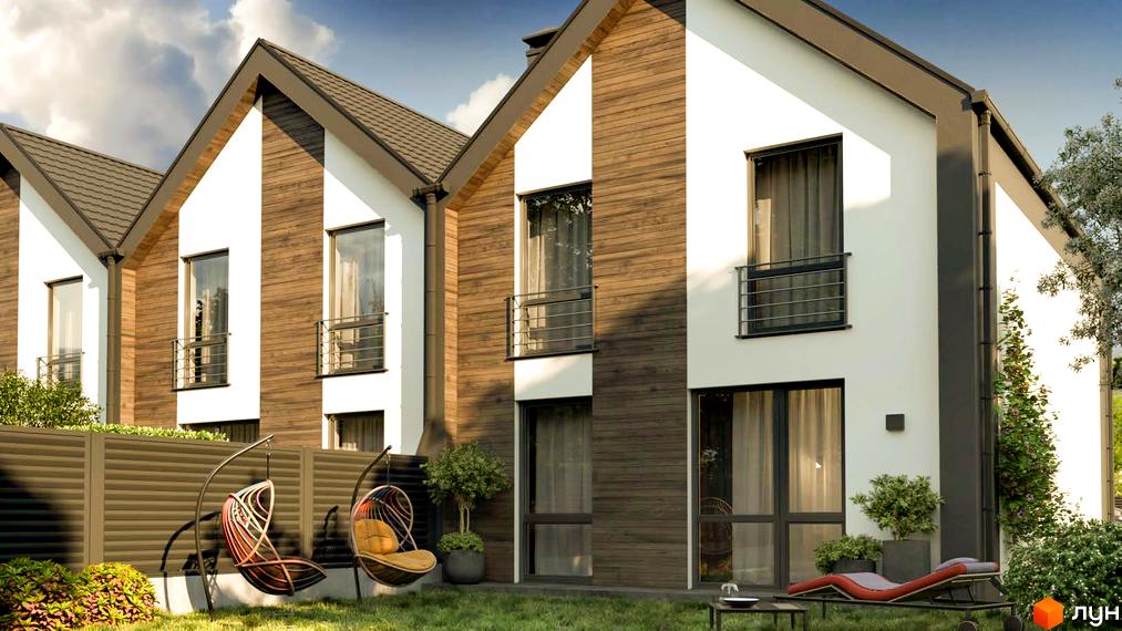 Зображення Таунхаусів Скандинавія: фасади будинків з білим оздобленням та дерев'яними панелями, великі вікна, зелений газон та зона відпочинку.
