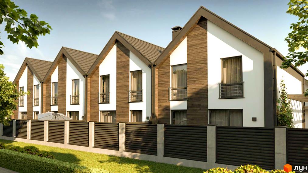 Фасад Таунхауси „Скандинавія“: ряд будинків з контрастними білими та темними дерев'яними панелями, темними дахами. Перед ними огорожа та доглянутий газон.