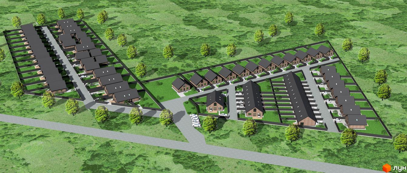 Зображення житлового комплексу КМ Південна Баварія. Котеджне містечко з котеджами з темним дахом та прибудинковою територією, розташоване серед зелені.