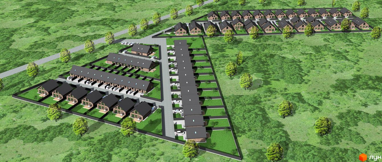 Зображення сторінки житлового комплексу. Котеджне містечко Південна Баварія з двоповерховими будинками з темною покрівлею та прибудинковою територією з газоном.