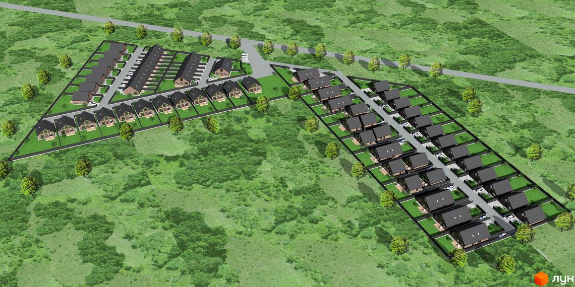 Котеджне містечко Південна Баварія. Малоповерхові будинки з темними дахами, доглянуті газони, дерева та місця для паркування.