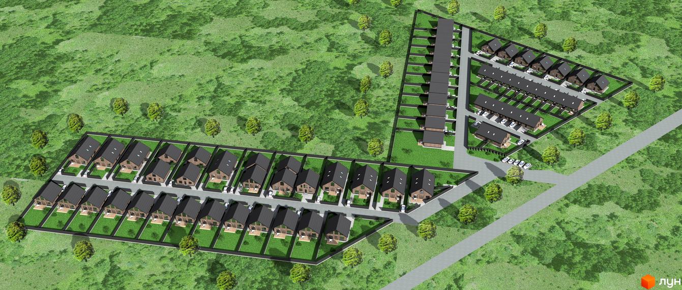 Зображення сторінки житлового комплексу. Цегляні будинки з темними дахами розташовані на зелених ділянках, огороджених парканом. Поруч є дерева та асфальтована дорога.