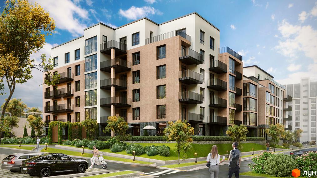 Житловий комплекс Масив Преміум з цегляним фасадом та балконами. Навколо зелені насадження, доріжки та припарковані автомобілі.