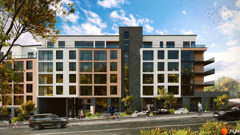 Житловий комплекс Масив Преміум – це багатоповерхова новобудова з цегляним та білим фасадом, великими вікнами та балконами. Територія перед будинком облаштована тротуаром та зеленою зоною.