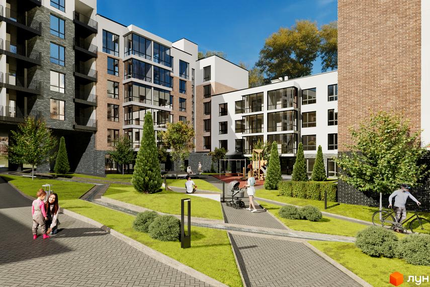 Житловий комплекс Масив Преміум з фасадами з цегли та великими вікнами, зеленою прибудинковою територією та дитячим майданчиком.