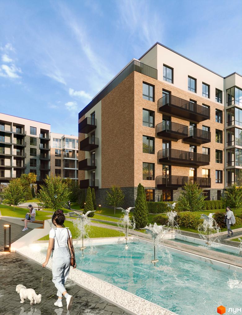 Житловий комплекс Масив Преміум має багатоповерхові будинки з цегляними фасадами та темними балконами. Прибудинкова територія облаштована зеленими насадженнями, доріжками та фонтаном.