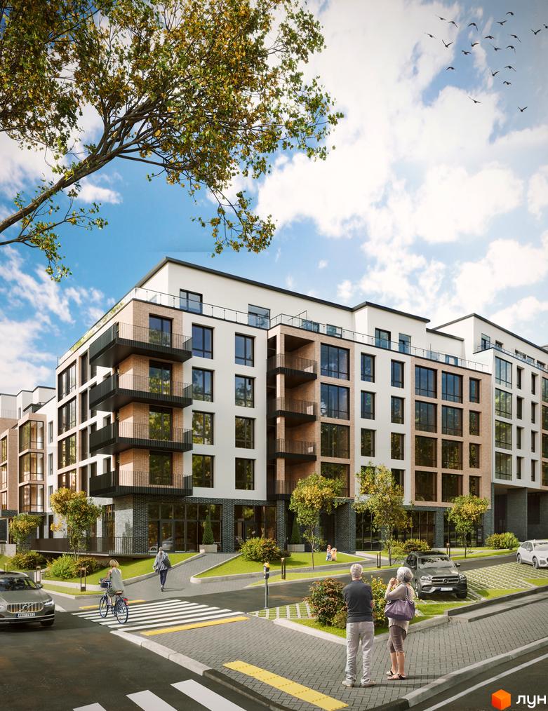 Житловий комплекс Масив Преміум з цегляними та білими фасадами, балконами та великими вікнами. На прибудинковій території розташовані дерева, газони та пішохідні доріжки.