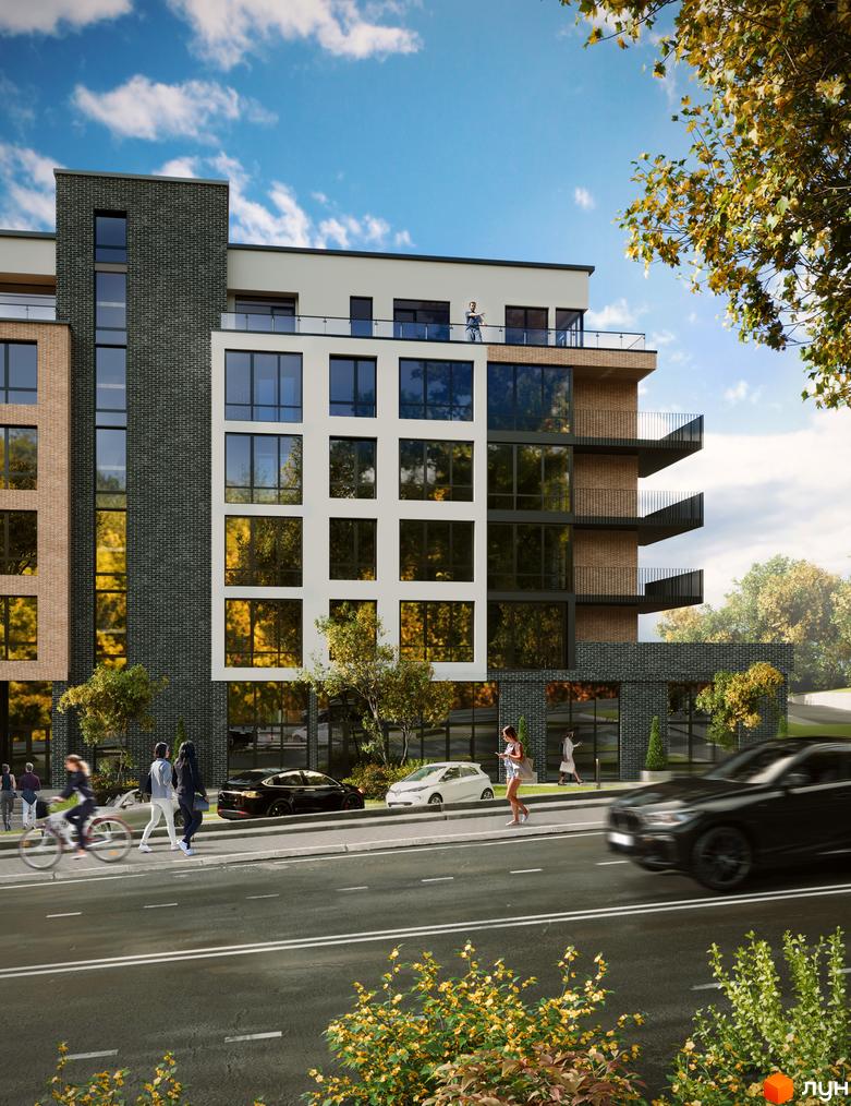 Зовнішній вигляд новобудови ЖК Масив Преміум з великими вікнами та балконами, на тлі блакитного неба та дерев. Навколо будинку облаштована прибудинкова територія з дорогою та пішохідною зоною.