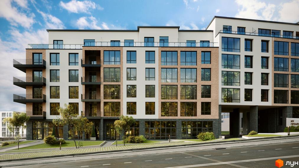 Житловий комплекс Масив Преміум з фасадом з цегли та світлих панелей, великими вікнами та балконами. Поруч дорога, тротуар та зелені насадження.