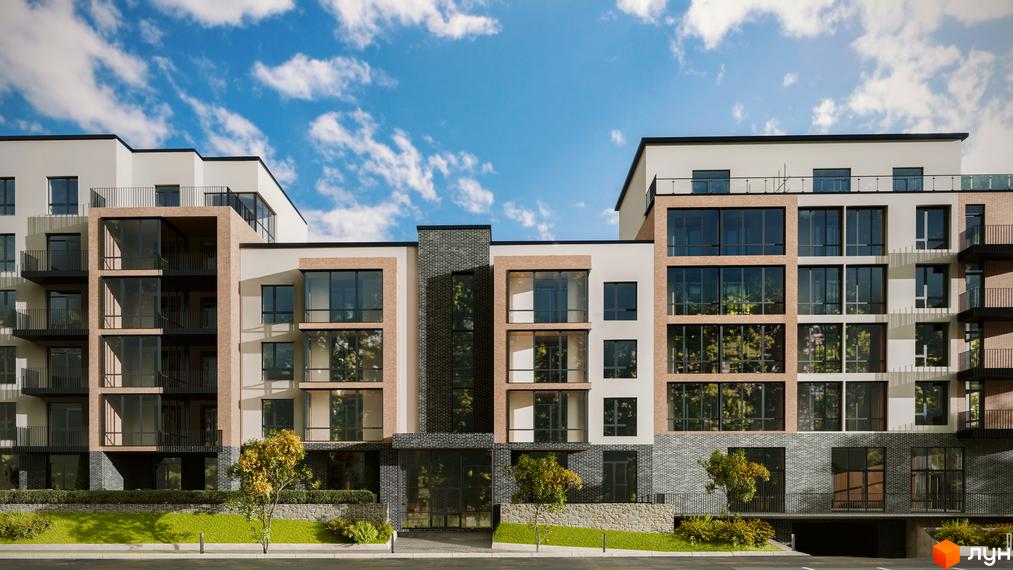 Житловий комплекс Масив Преміум: багатосекційний будинок зі світлим фасадом, великими вікнами та цегляними вставками. Перед ним зелений газон з деревами.