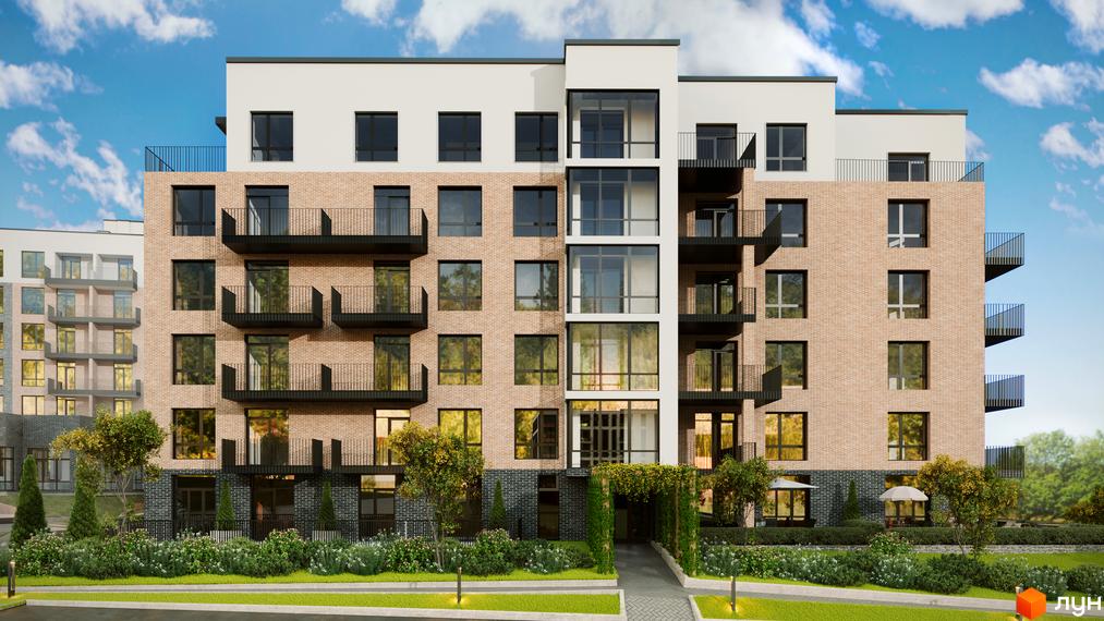 Багатоповерховий будинок Житлового комплексу Масив Преміум з цегляним фасадом та світлими елементами, чорними балконами. Прибудинкова територія озеленена.