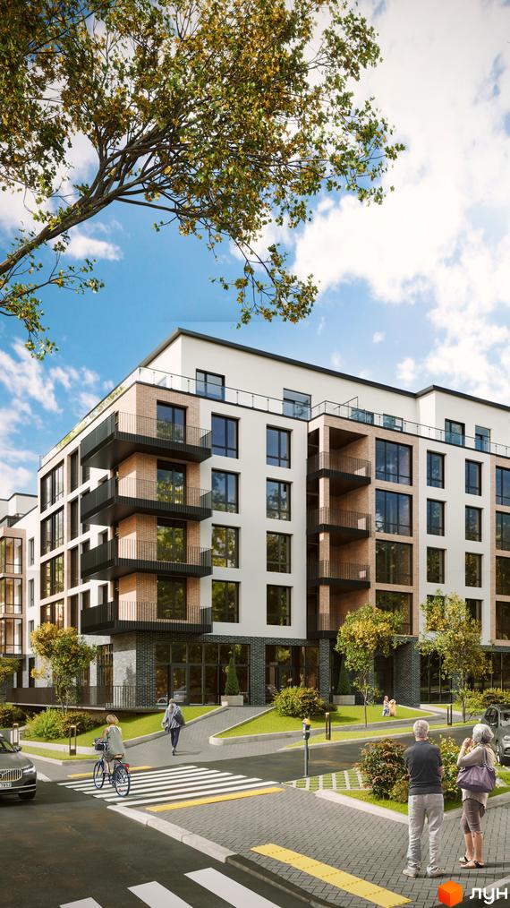 Житловий комплекс Масив Преміум з цегляними та білими фасадами, балконами та прибудинковою територією з деревами та пішохідним переходом.