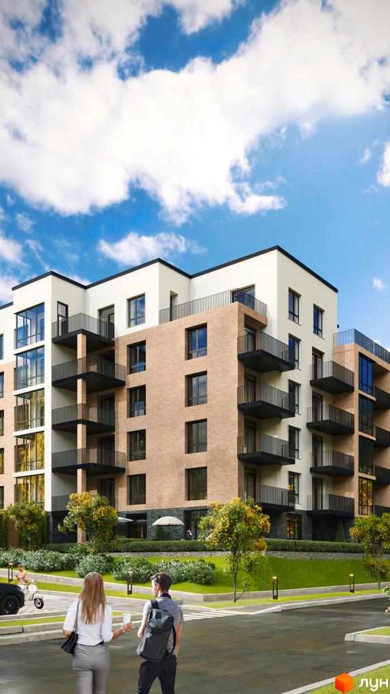 Зовнішній вигляд житлового комплексу Масив Преміум: цегляний фасад, балкони, великі вікна. На прибудинковій території зелень та дерева.