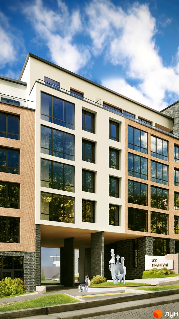 Житловий комплекс Масив Преміум - це сучасна новобудова з цегляним фасадом та великими вікнами. Територія навколо будинку упорядкована, з зеленими насадженнями та зоною відпочинку.