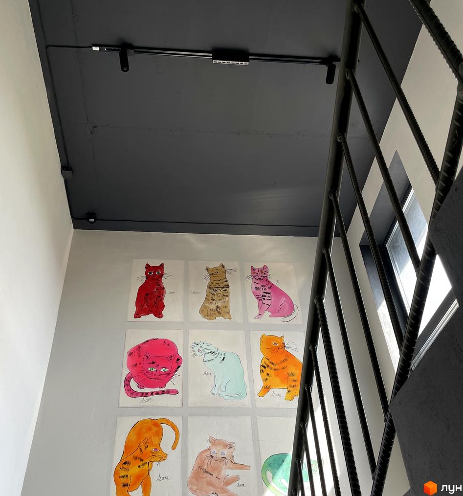 Сходова клітка Житлового комплексу ArtHof, прикрашена кольоровими картинами котів, з чорною стелею та металевими перилами.