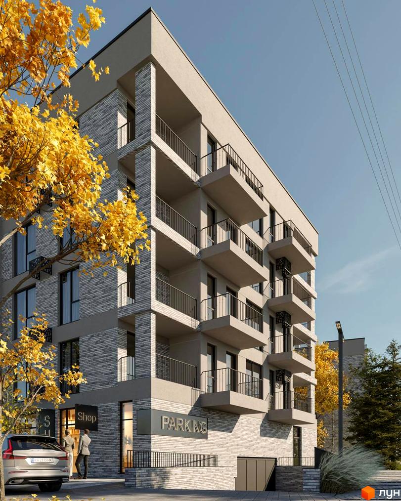 Зовнішній вигляд будинку Клубний будинок San Marco з балконами та паркінгом, поруч дерева з жовтим листям. Новобудова розташована в сонячний день.