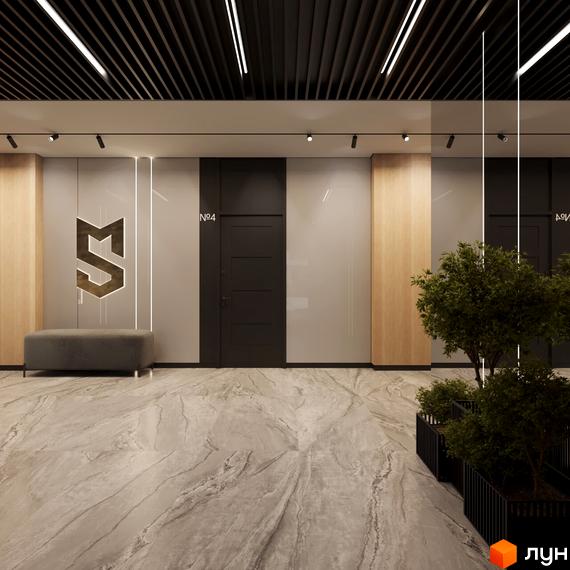 Інтер'єр холу Клубного будинку San Marco з мармуровою підлогою, декоративними панелями та рослинами. Елегантний простір для комфортного проживання.