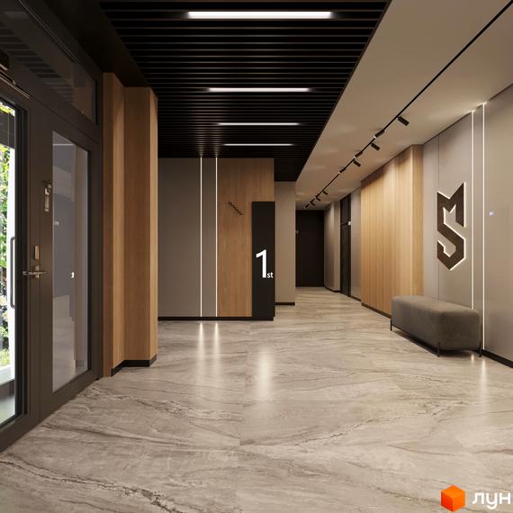 Інтер'єр холу в новобудові. Світлий коридор з мармуровою підлогою, дерев'яними панелями та лаконічним дизайном.