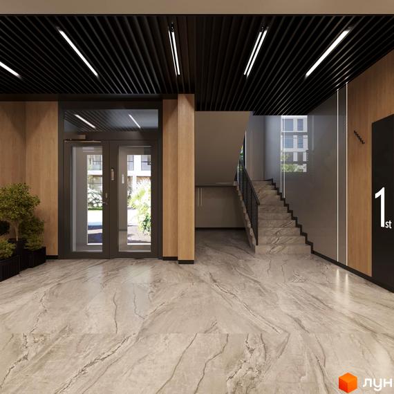 San Marco – вхідна група в новобудові з мармуровою підлогою, скляними дверима та сходами на другий поверх.