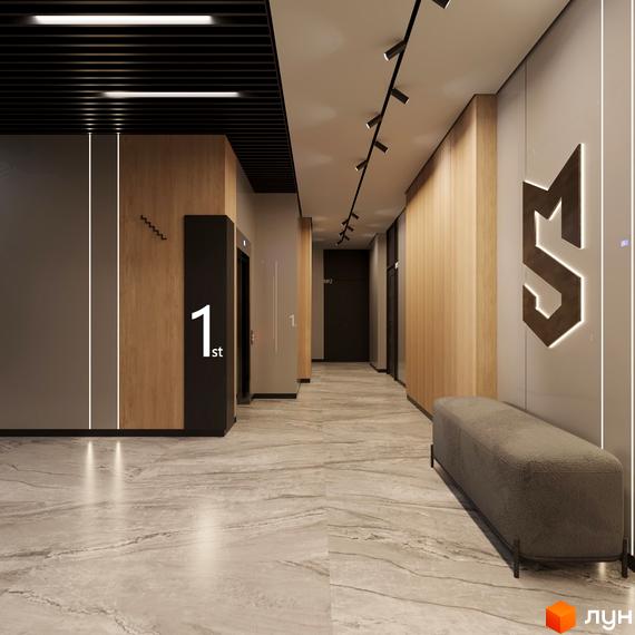 Інтер'єр холу в житловому комплексі San Marco. Світлий коридор з мармуровою підлогою, дерев'яними панелями та вбудованим освітленням.