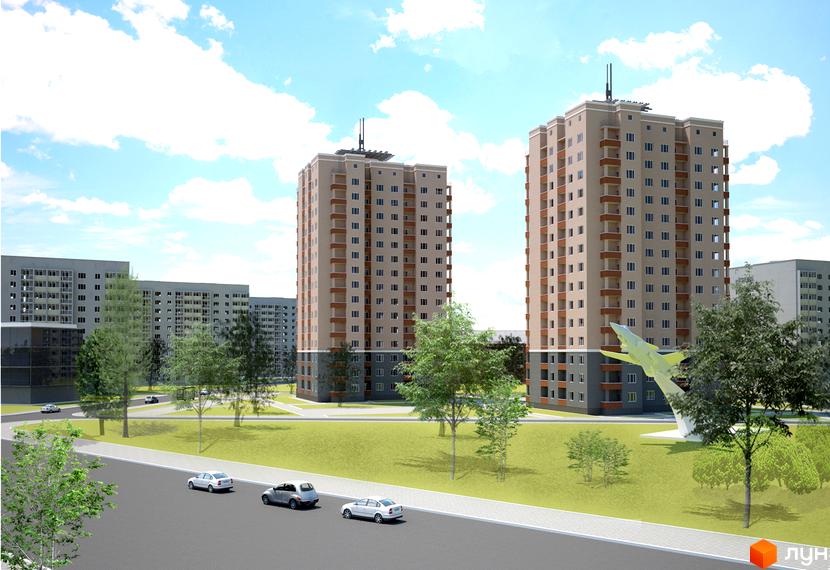 Житловий комплекс Рось: два багатоповерхові будинки світлого кольору з балконами. Прибудинкова територія з зеленими газонами, деревами та пам'ятником літаку.