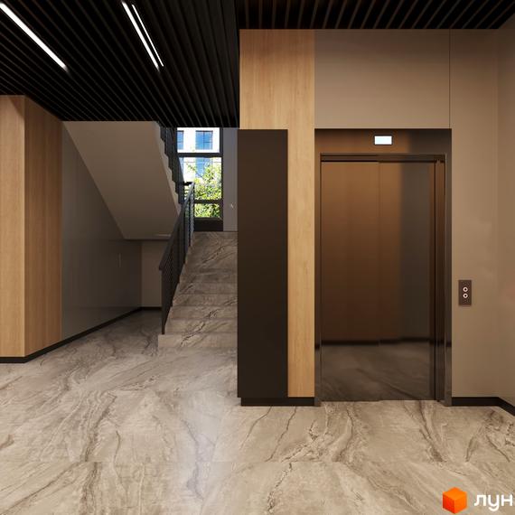 Інтер'єр холу в клубному будинку San Marco з ліфтом, сходами та мармуровою підлогою. Просторий вхід з оздобленням з дерева та сучасним дизайном.