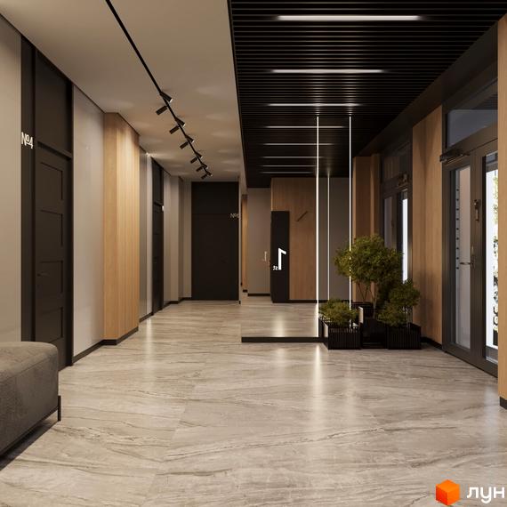 Інтер'єр холу в клубному будинку San Marco з мармуровою підлогою, дерев'яними панелями та декоративним освітленням. Простір оформлено в нейтральних тонах.