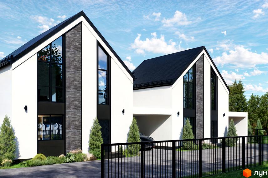 Котеджне містечко КМ DESNA HOMES: білі будинки з темними дахами, великими вікнами та кам'яним декором. Озеленена територія з парканом.