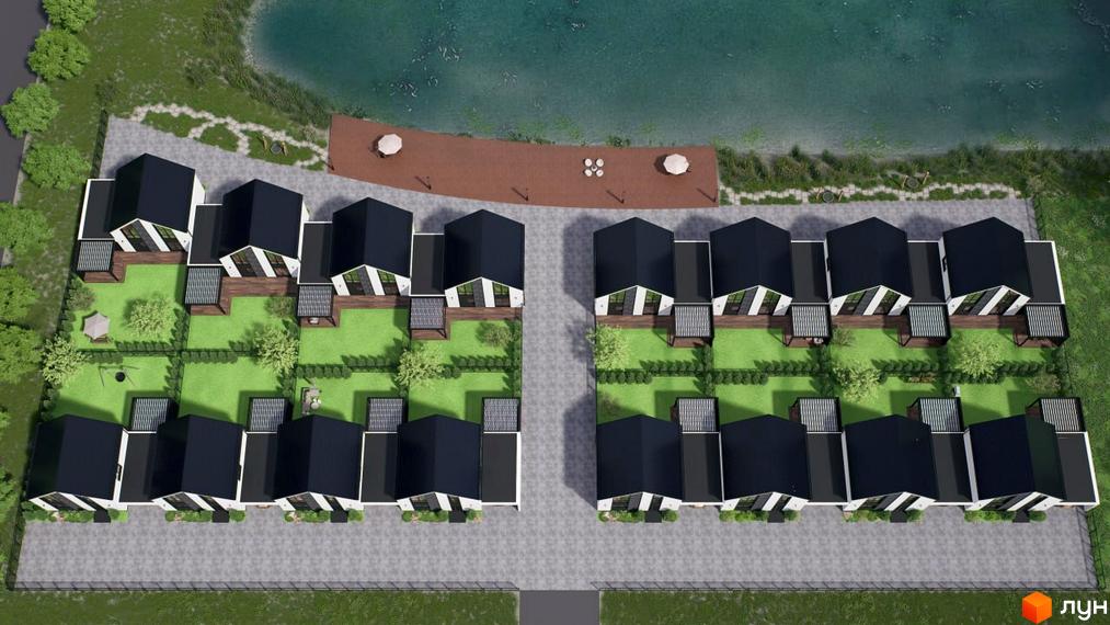 Котеджне містечко КМ DESNA HOMES з чорними дахами та білими стінами розташоване біля озера, має зелені дворики та тераси.