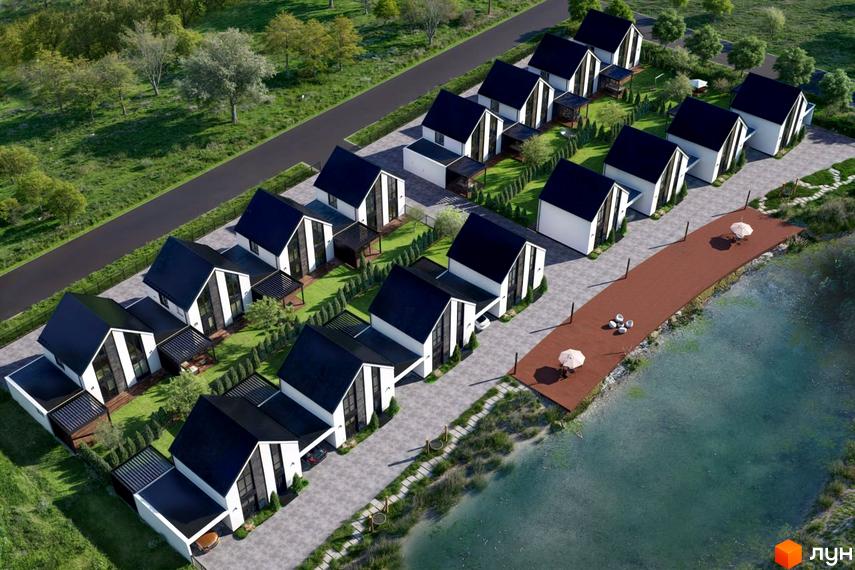 Котеджне містечко DESNA HOMES: вид зверху на ряди білих будинків з чорними дахами та прибудинковою територією з газонами біля водойми.
