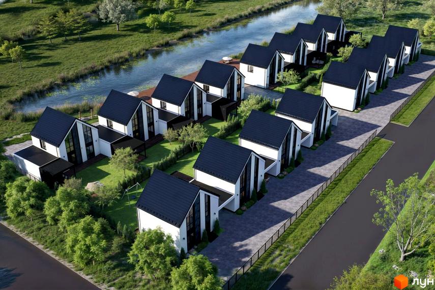 Котеджне містечко КМ DESNA HOMES з білими фасадами та чорними дахами розташоване біля річки, оточене зеленню та доглянутою територією.