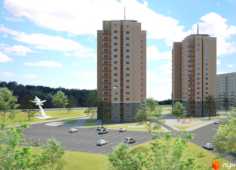 Житловий комплекс Рось: два високі житлові будинки світлого кольору з балконами. На території великий паркінг, зелені насадження та пам'ятник літаку.