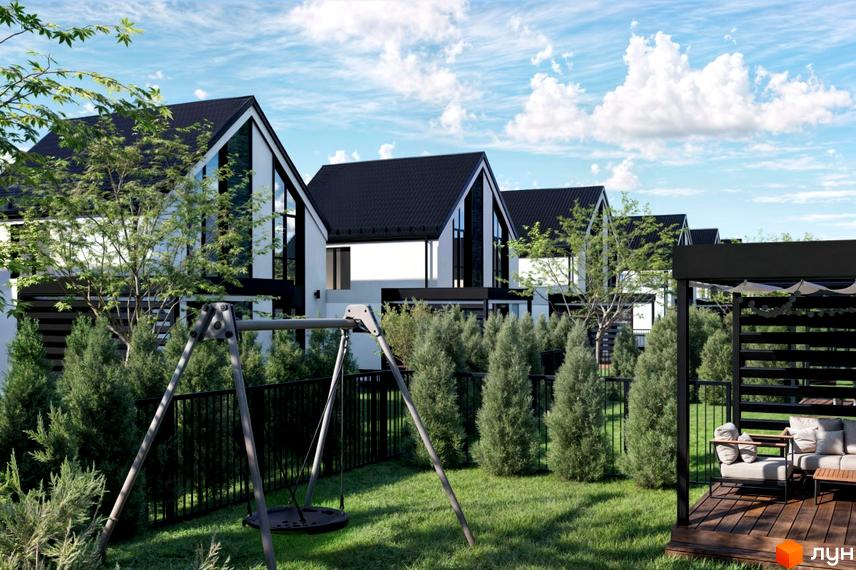 Котеджне містечко КМ DESNA HOMES з сучасними будинками та зеленою прибудинковою територією з дитячим майданчиком та зоною відпочинку.