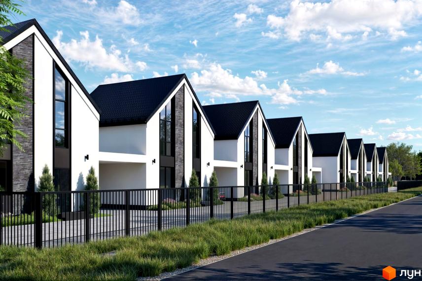 Котеджне містечко DESNA HOMES: ряд білих котеджів з чорними дахами та великими вікнами, огороджених чорним парканом вздовж дороги.