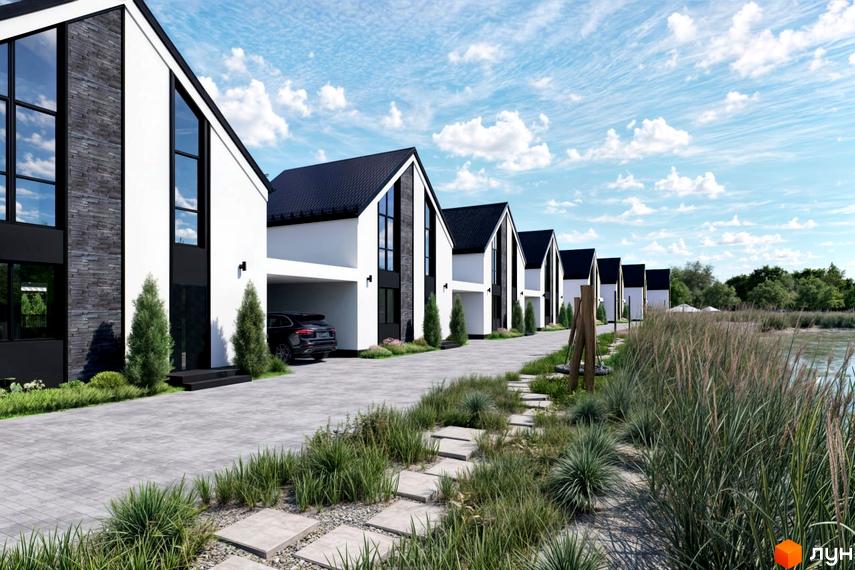 Котеджне містечко DESNA HOMES: ряд білих будинків з чорними дахами та великими вікнами. Поруч брукована дорога, зелені насадження та водойма.