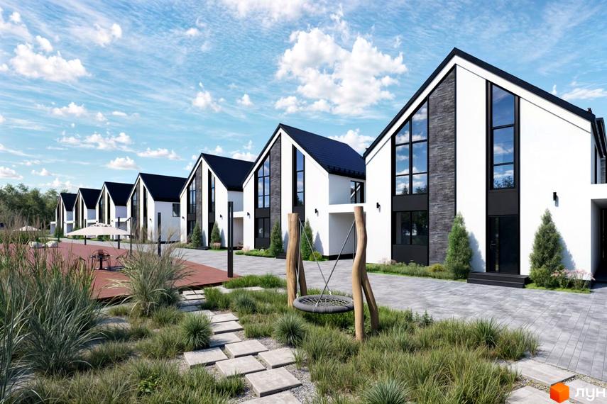 Котеджне містечко DESNA HOMES: ряд білих будинків з чорними дахами та великими вікнами, на тлі доглянутої території з зеленими насадженнями та зоною відпочинку.