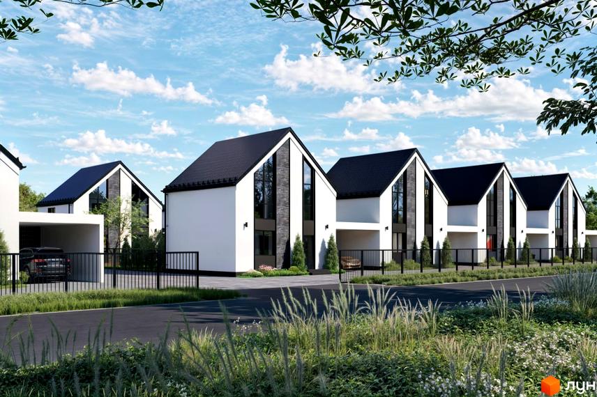 Котеджне містечко КМ DESNA HOMES: білі двоповерхові будинки з чорними дахами та великими вікнами, огороджена територія з дорогою та зеленню.