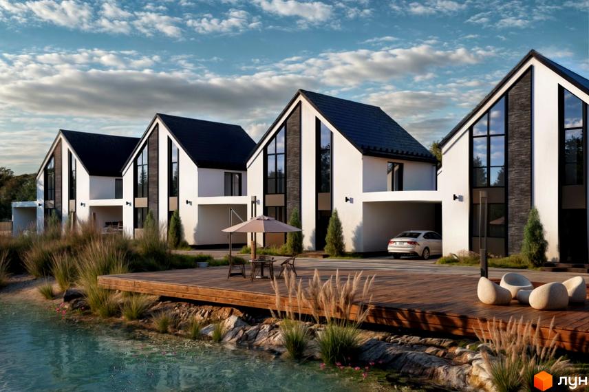 Котеджне містечко DESNA HOMES: білі будинки з темними дахами та великими вікнами. Дерев'яна тераса біля водойми з меблями та рослинністю.