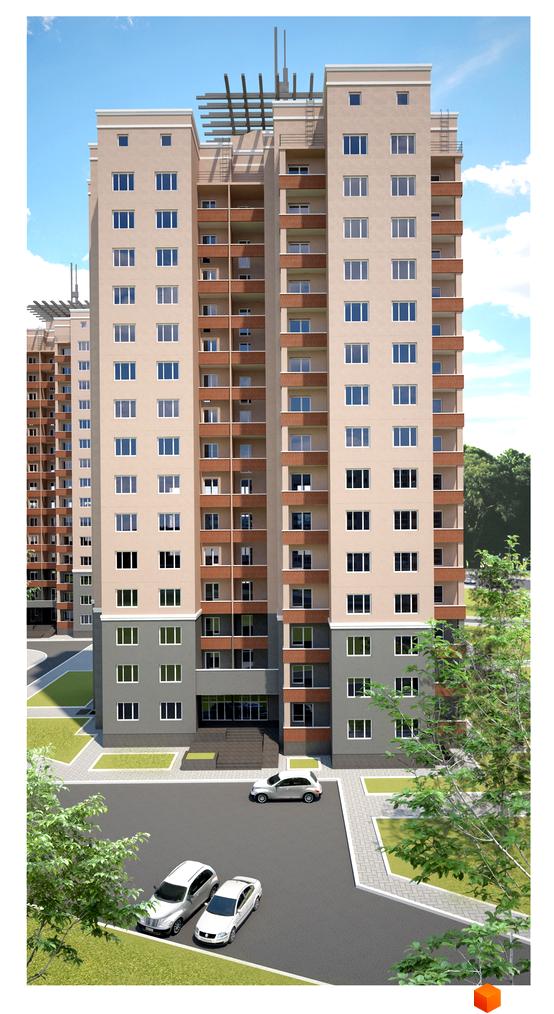 Житловий комплекс Рось: багатоповерховий будинок бежевого кольору з коричневими балконами та сірим цоколем. На прибудинковій території паркінг та зелені зони.