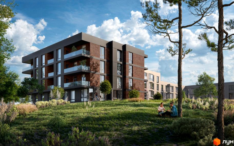 Житловий комплекс HILLTOP з цегляним фасадом та скляними балконами розташований на схилі зеленої галявини з деревами.