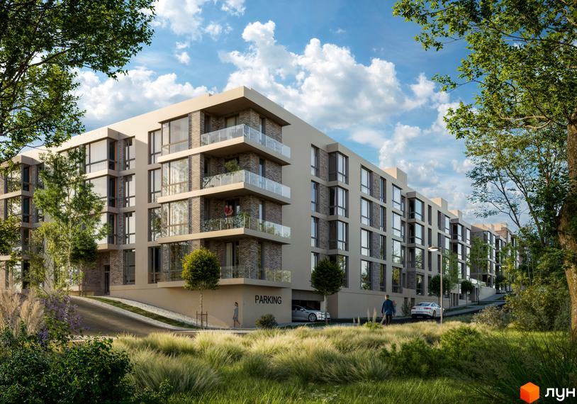 Зовнішній вигляд житлового комплексу HILLTOP з цегляним фасадом та скляними балконами. На прибудинковій території зелені насадження, трава та парковка.