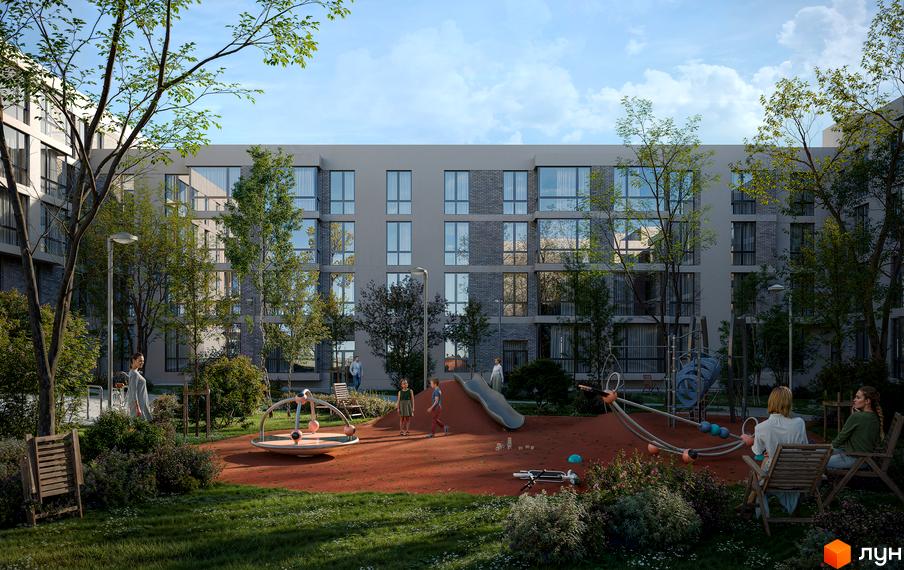 Новобудова HILLTOP з великими вікнами та сірим фасадом, що має дитячий майданчик з гіркою та каруселлю на зеленій території.